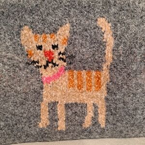 Natural Life Gray Wool Blend Sweater Pouch With Cat And Blue and Pink Flower